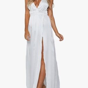 White Sleeveless Plunge Maxi Gown